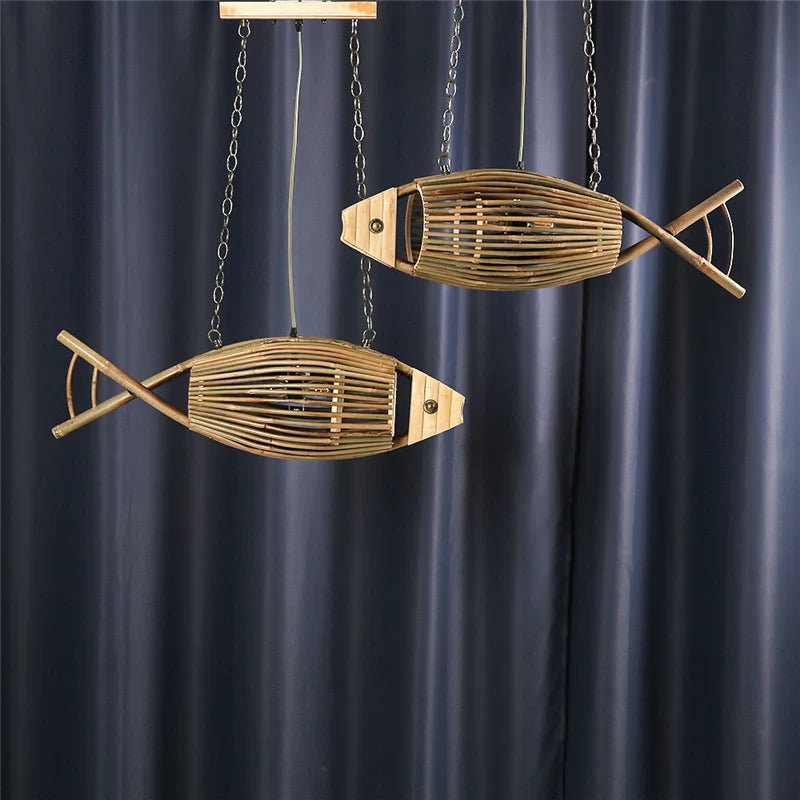 Afralia™ Retro Bamboo Fish Pendant Lights for Restaurant, Bar, Teahouse, Living Room, Farm, Hotel