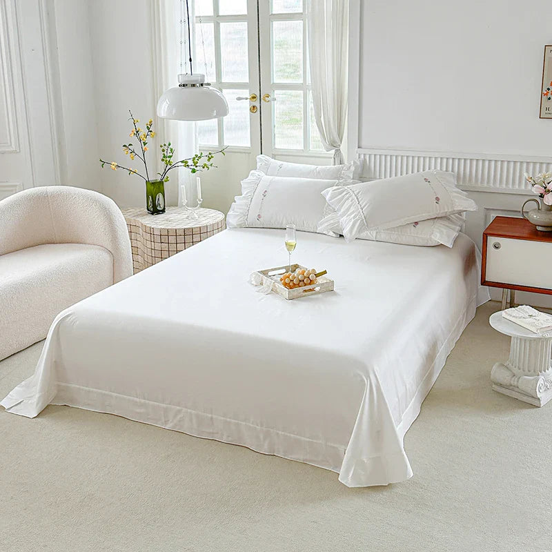 Afralia™ Rose Flowers White Cotton Bedding Set with Lace Ruffles