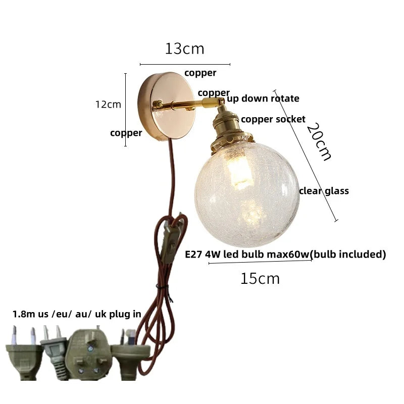 Afralia™ Glass Rotate Copper Wall Sconce | Pull Chain Switch LED Light Fixture