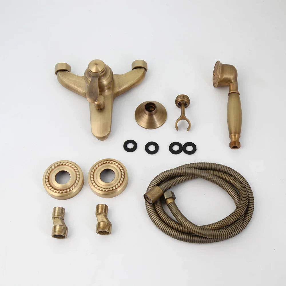 Afralia™ Antique Brass Wall Mounted Shower Faucet Set with Hand Shower Head