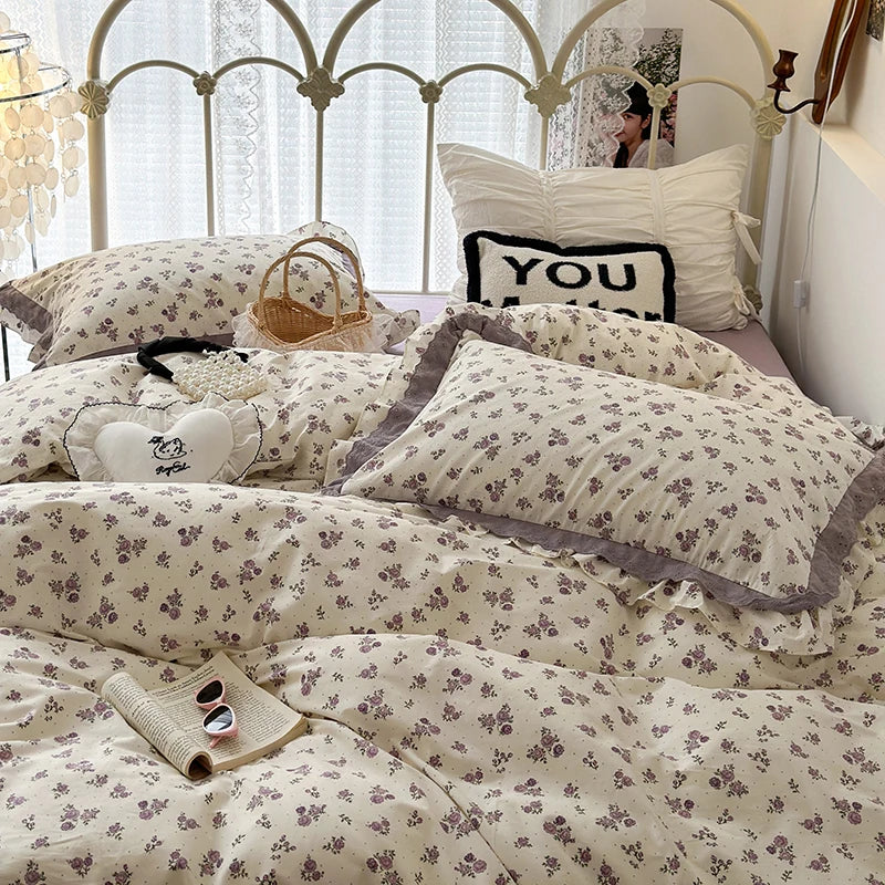 Afralia™ French Floral Print Double Layer Lace Ruffles Bedding Set