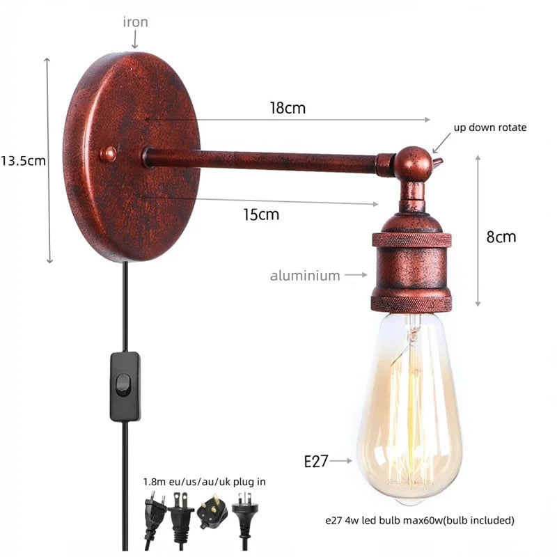 Afralia™ Industrial Vintage Plug In LED Wall Light for Bathroom Mirror Stair Balcony