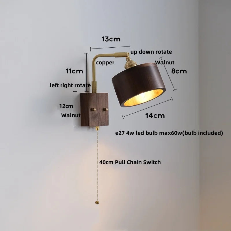 Afralia™ Walnut Wood LED Wall Lamp Sconce with Pull Chain Switch Rotation Mirror Light