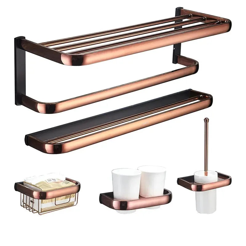 Afralia™ Rose Gold Black Bathroom Hardware Set: Towel Rack, Shelf, Paper Holder, Towel Holder, Toilet Brush Holder