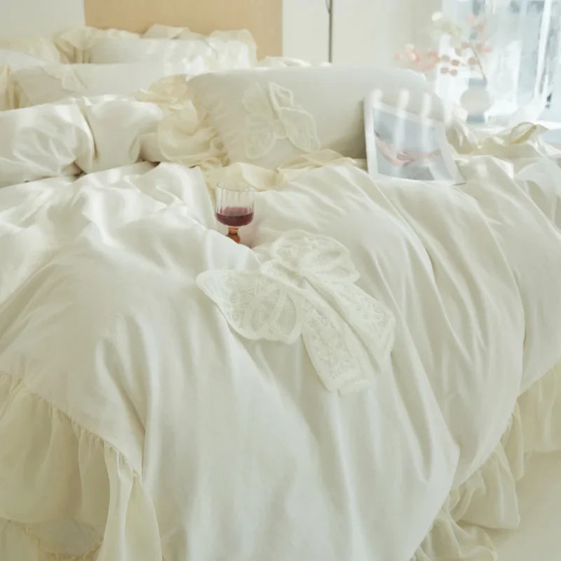Afralia™ Korean Lace Ruffles Queen Size Duvet Cover with Bow Detail - Romantic French Design