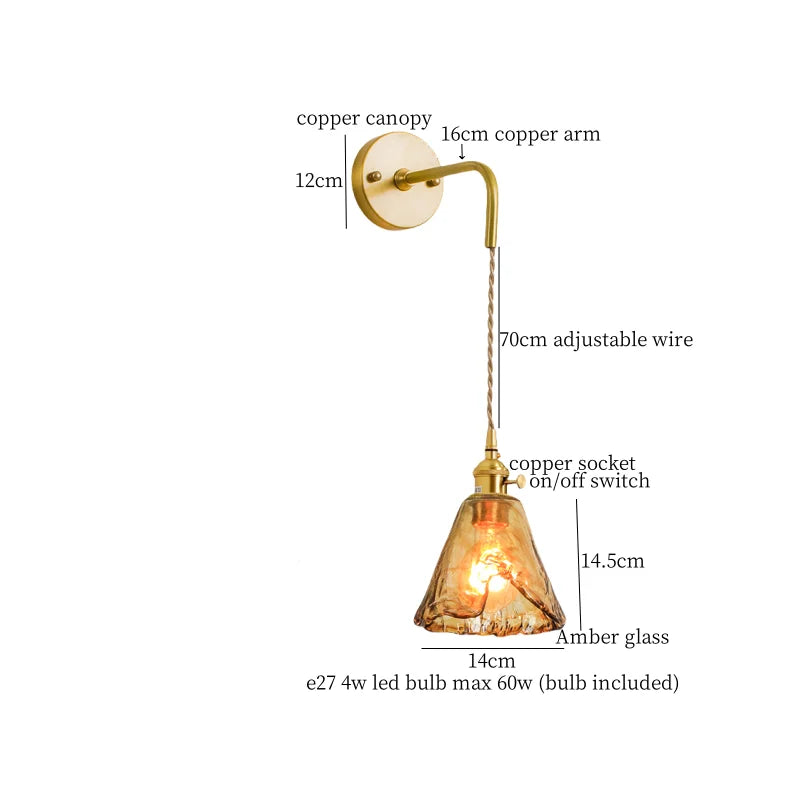 Afralia™ Glass LED Wall Sconce Bedroom Loft Bathroom Stair Light Pull Chain Copper