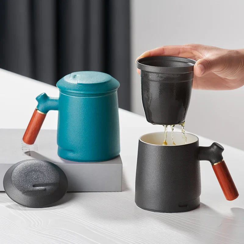 Afralia™ Ceramic Puer Tea Cup Set with Wood Handle, Heat Resistant Qua