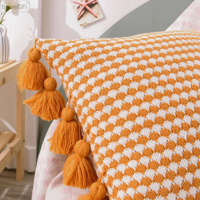 Afralia™ Yellow Pink Plait Brown Knit Tassel Cushion Cover 45x45cm