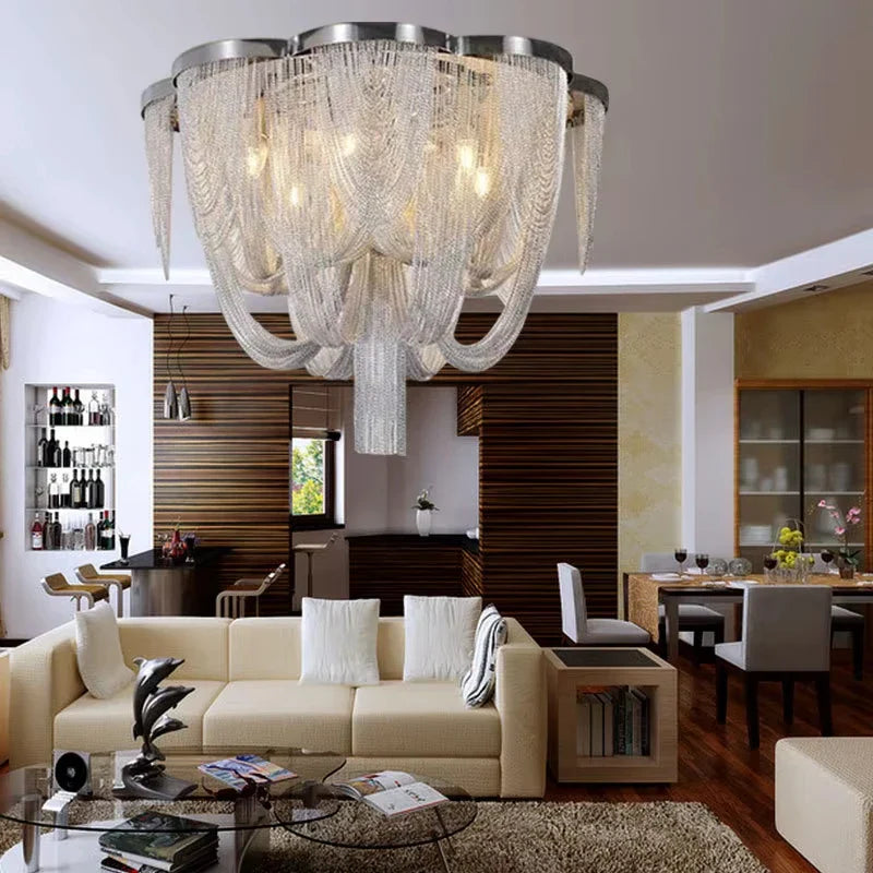 Afralia™ Circular Chrome Chain Pendant Light LED Ceiling Aluminum Living Room Luxe Chrome Gloss Light