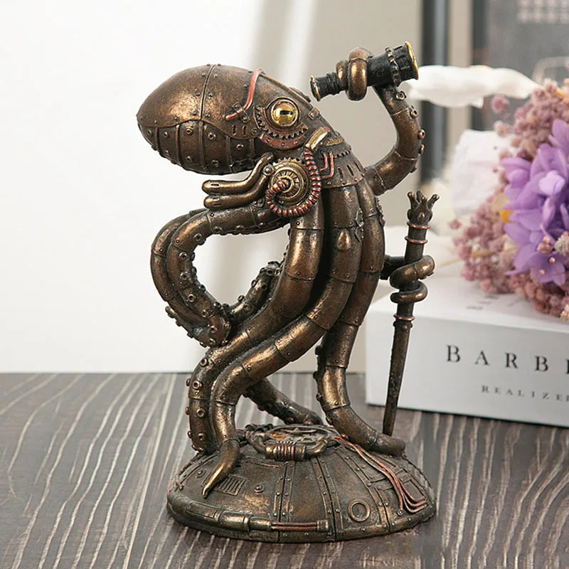 Afralia™ Steampunk Octopus & Piranha Seabed Sculpture for Home Decor & Desktop