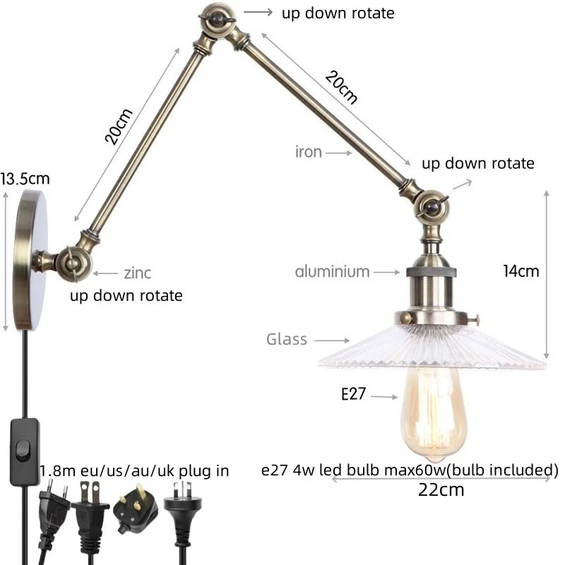 Afralia™ Loft LED Industrial Swing Arm Lamp with Clear Glass Mirror Light
