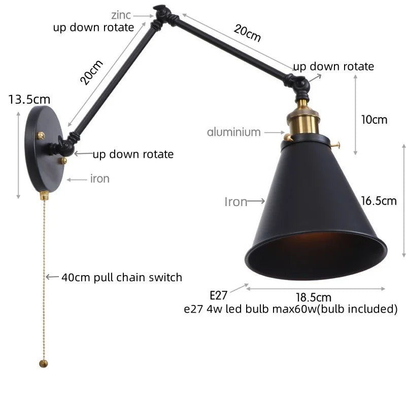 Afralia™ Vintage Black Swing Arm LED Wall Sconce for Study Aisle Hallway
