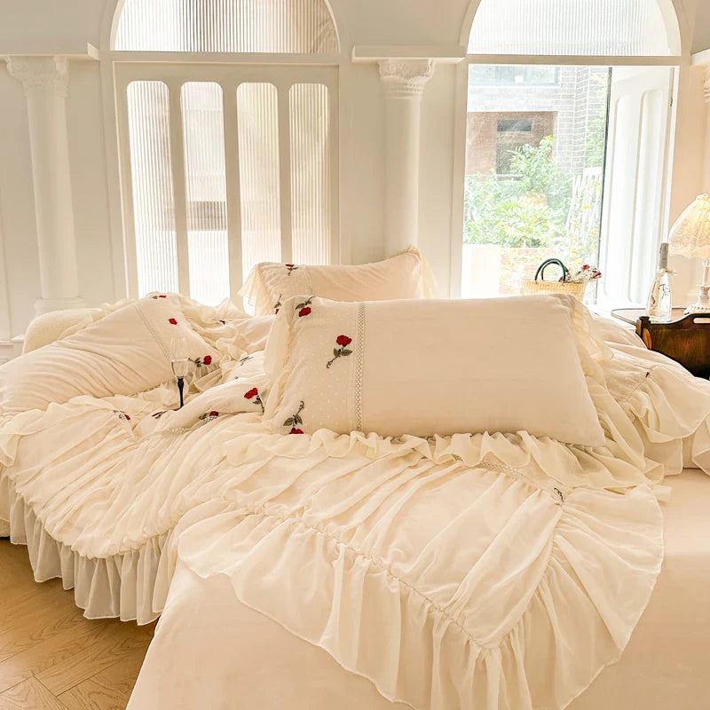 Afralia™ Romantic Lace Ruffles Rose Flowers Embroidery Princess Bedding Set