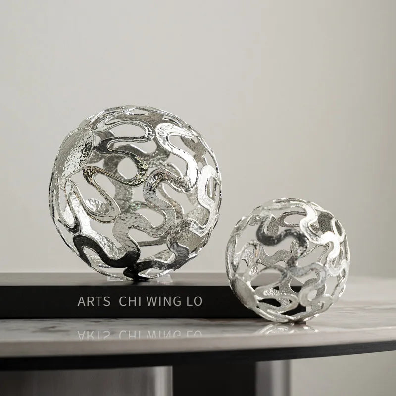 Afralia™ Silver Ball Metal Figurine, Geometric Sphere with Embossed Flower Design