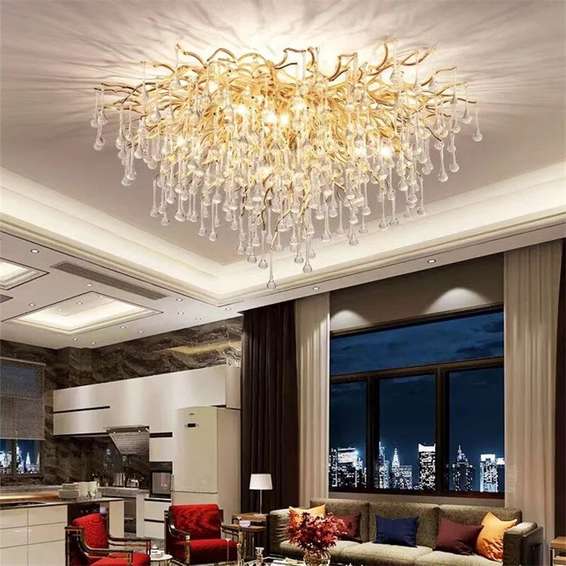 Afralia™ Crystal Teardrop Gold Ceiling Chandelier for Elegant Living Room Bedroom Dining Kitchen