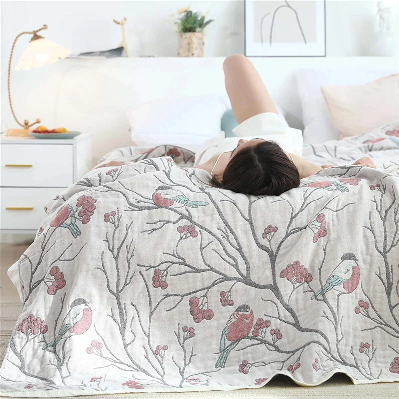 Afralia™ Japanese Cotton Single Bedspread with Pillow Towel - Floral Birds Design