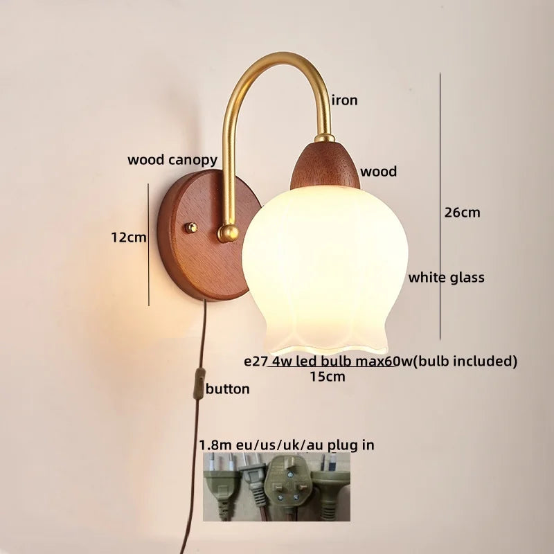 Afralia™ Wood Glass LED Wall Light Modern Bedside Lamp for Living Room & Bedroom