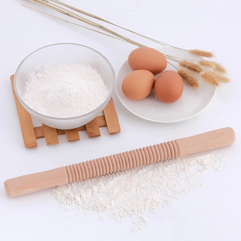 Afralia™ Wooden Threaded Embossing Rolling Pin for Kitchen Baking & Pastry Decor