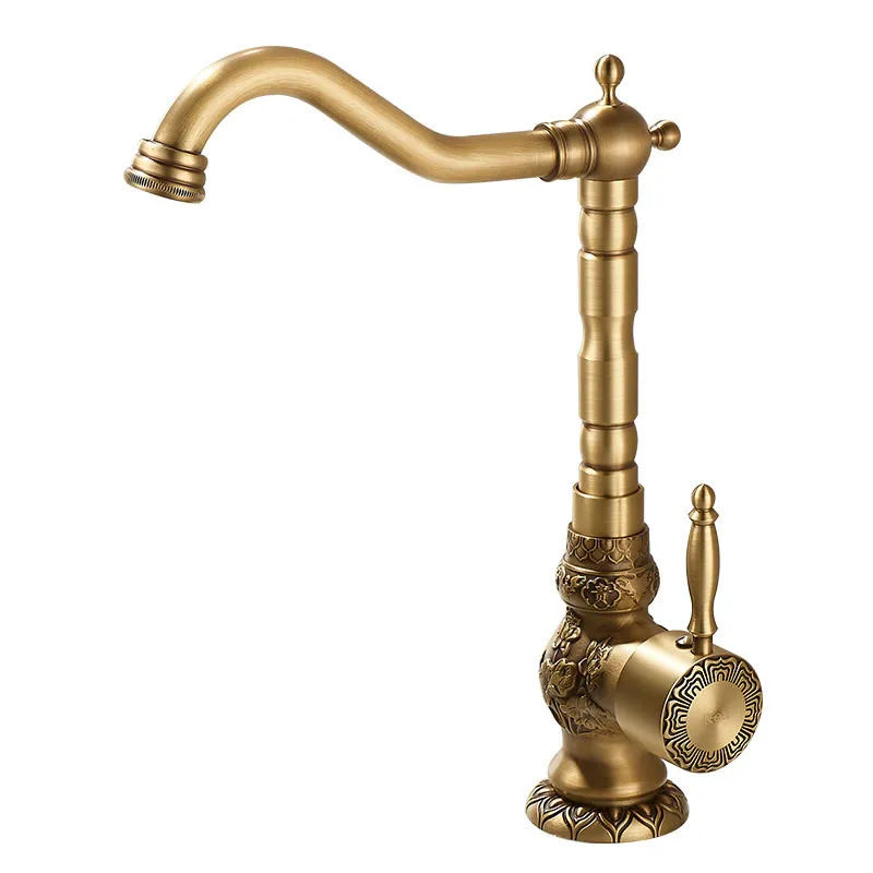 Afralia™ Antique Carved Brass Bathroom Sink Faucet Hot & Cold Mixer Deck Mounted Tap