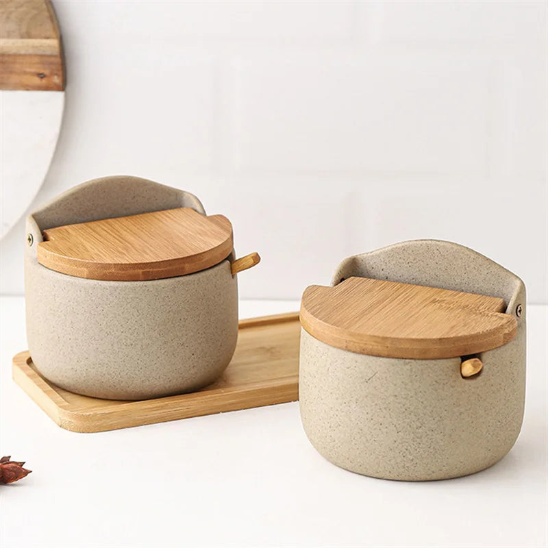Afralia™ Ceramic Seasoning Jar Set with Bamboo Lid and Spoon