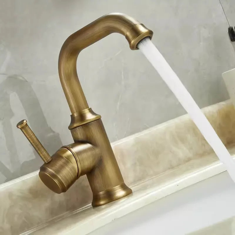 Afralia™ Antique Brass Basin Faucet Hot Cold Single Lever Bathroom Sink Tap