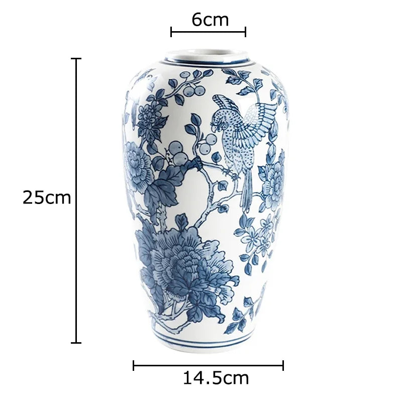 Afralia™ Blue Porcelain Vase: Flowers and Birds Pattern Table Decor Floral Vases Room Aesthetic