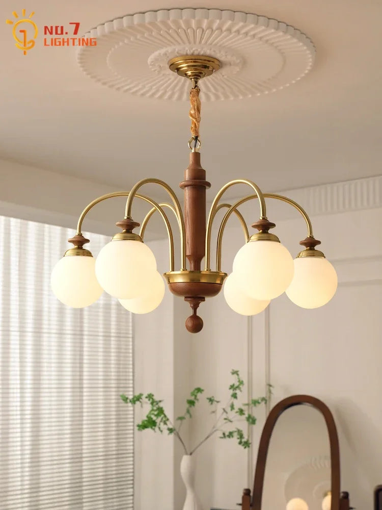 Afralia™ Vintage Medieval Magic Bean Chandelier LED E27 Solid Wood Pendant.