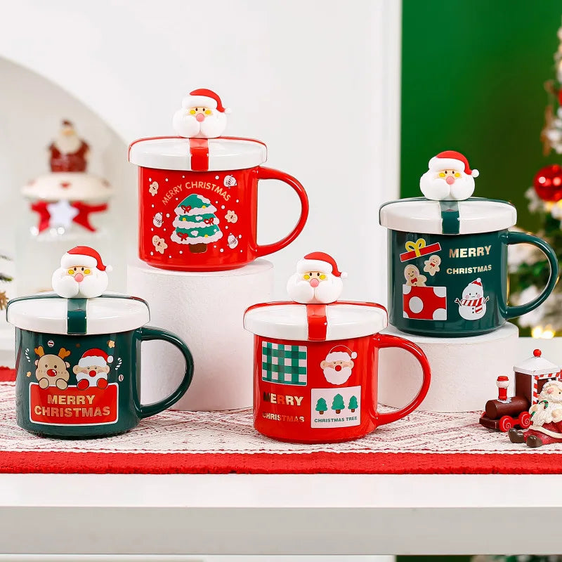 Afralia™ Festive Ceramic Christmas Coffee Mug with Lid, Spoon | Holiday Gift Mug