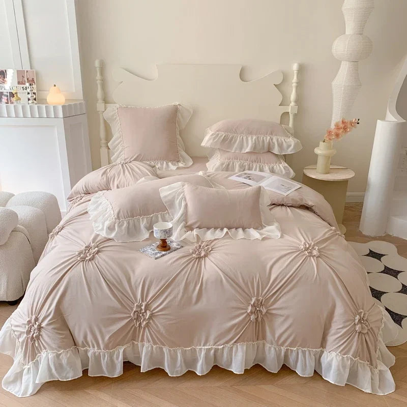 Afralia™ Lace Princess Bedding Set: Romantic Ruffles & Bow Duvet Cover, Sheet, Pillowcases