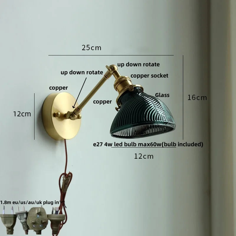 Afralia™ Vintage Brass Clear Glass Wall Lights Rotate Bedside Lamp for Restaurant Bedroom