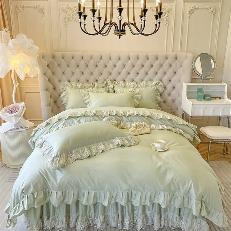 Afralia™ Korean Princess Lace Ruffles Bedding Set in Bean Paste Pink