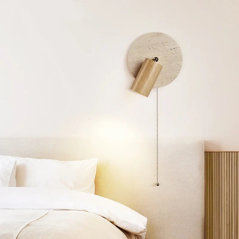 Afralia™ Wood LED Wall Lamp Sconce Pull Chain Yellow Travertine Nordic Modern Rotation