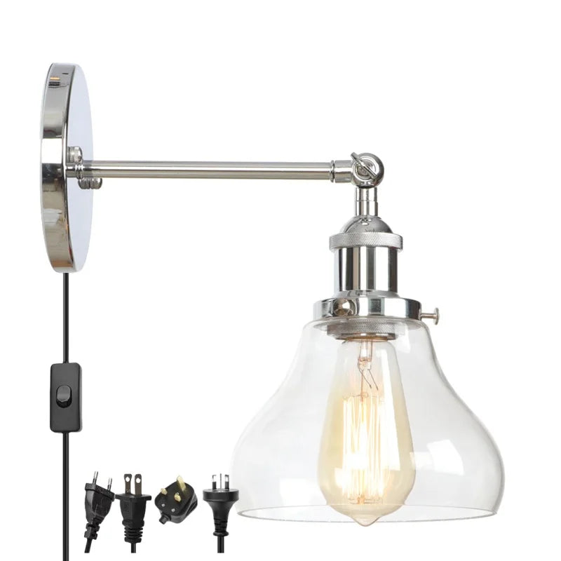 Afralia™ Industrial Vintage Silver Glass Wall Lamp for Bedroom Kitchen Balcony Bedside