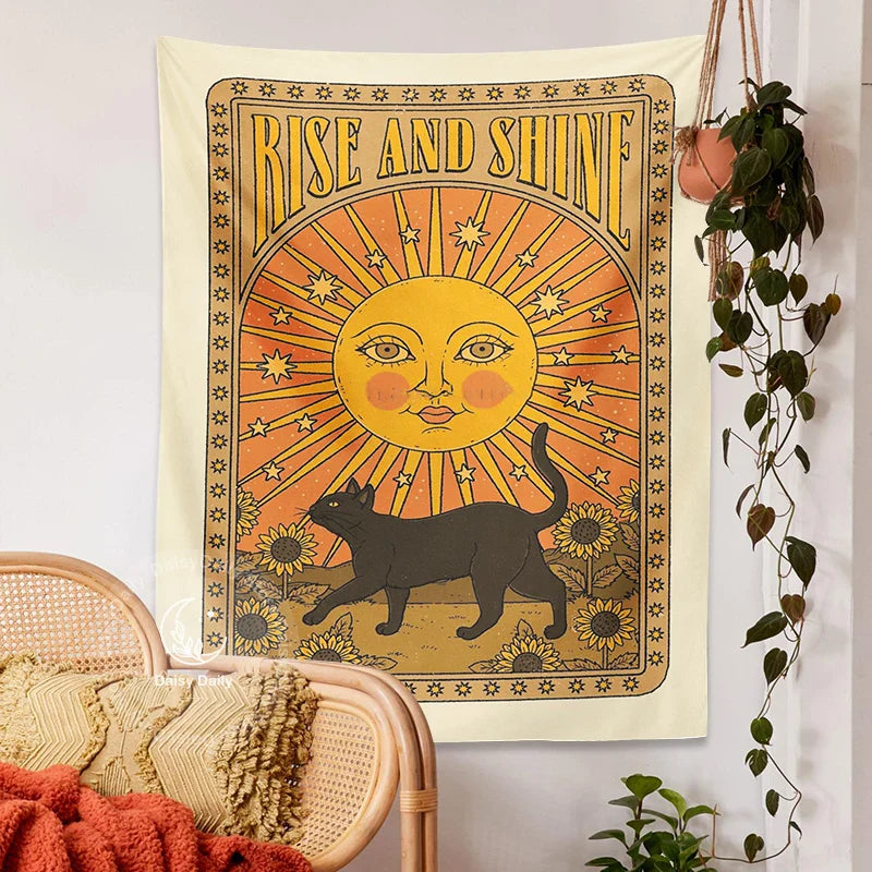 Sun Cat Tarot Tapestry by Afralia™: Vintage Boho Wall Art for Witchcraft and Hippie Decor