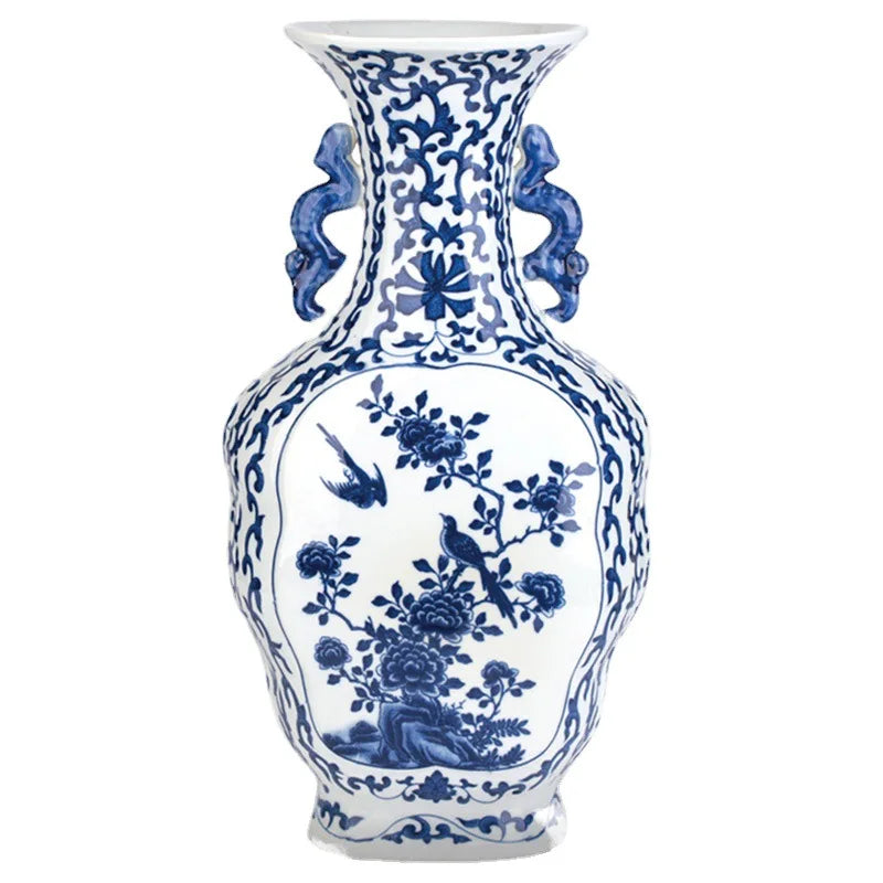 Afralia™ Blue White Porcelain Flower Bird Two Ear Vase Antique Ornaments Jingdezhen