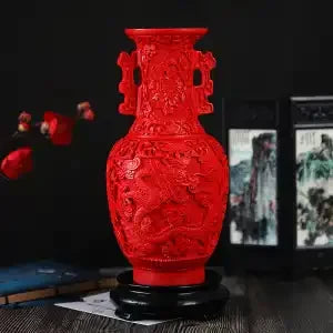Afralia™ 10-inch Red Lacquerware Flower Auspicious Vase