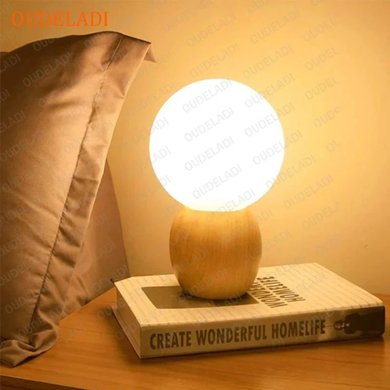 Afralia™ Wood Table Lamp with Glass Lampshade, Warm Light for Bedside, Button Switch