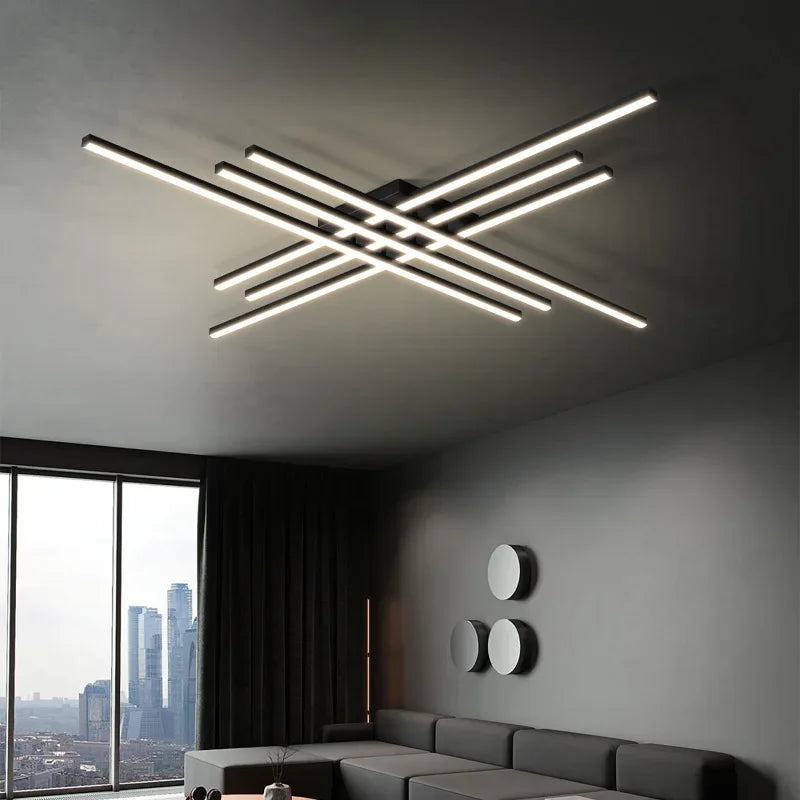 Afralia™ Modern Black Line Ceiling Chandelier LED Strip Lights