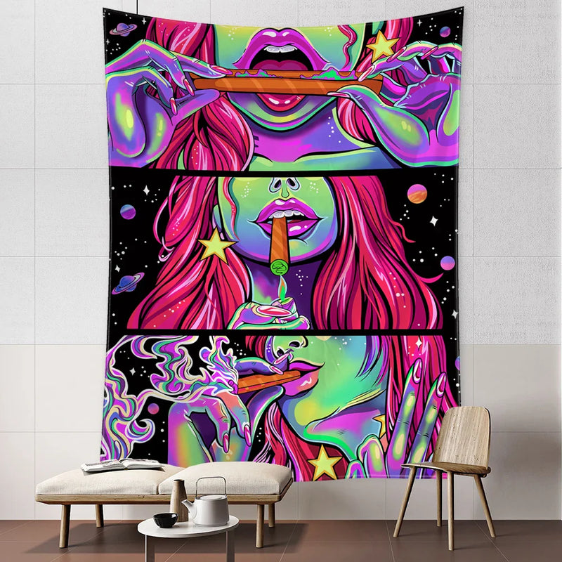 Afralia™ Green Star Girl Tapestry Wall Hanging Psychedelic Home Decor