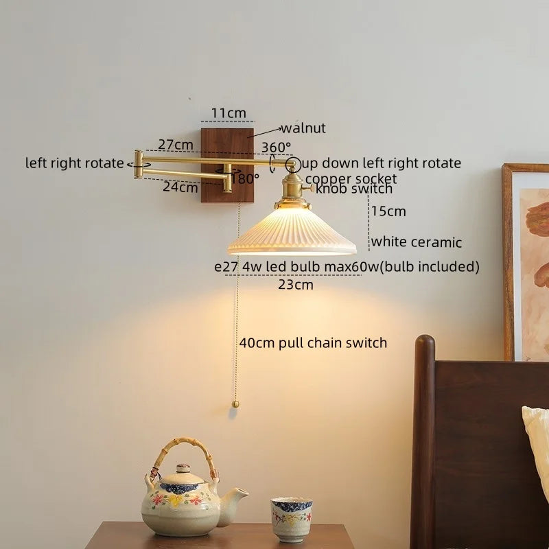 Afralia™ Ceramic Walnut LED Wall Lights for Modern Bedroom Living Room, Pull Chain Switch