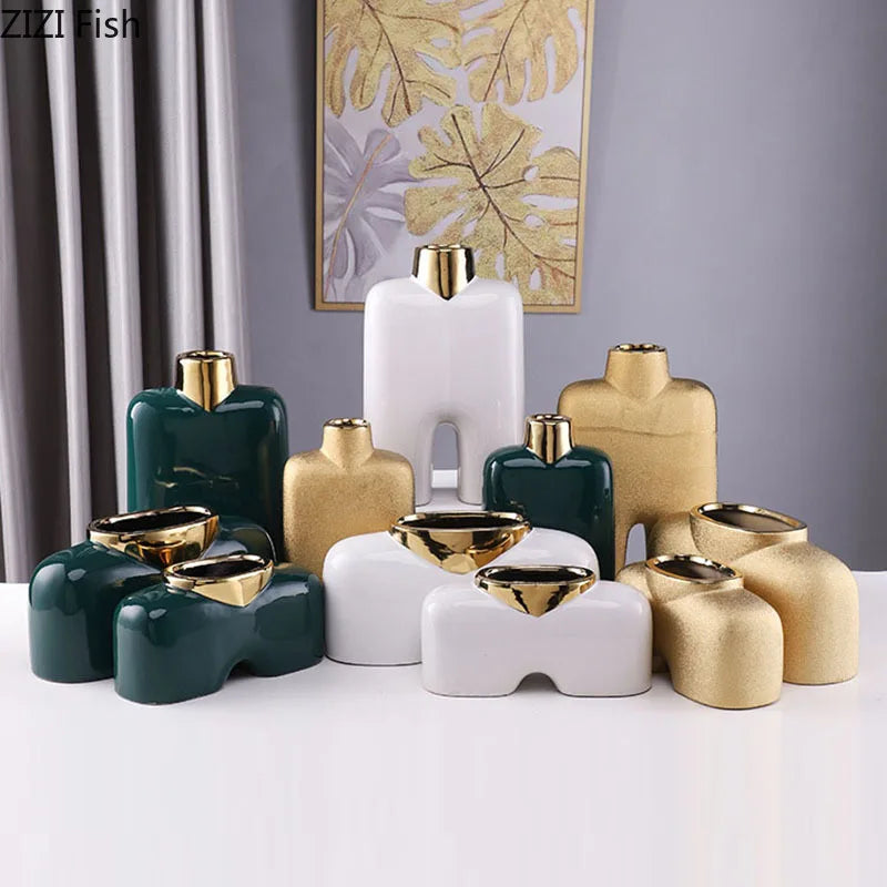 Afralia™ Gold Ceramic Vase Desk Decor Artificial Flower Arrangement Aesthetic Room Vase