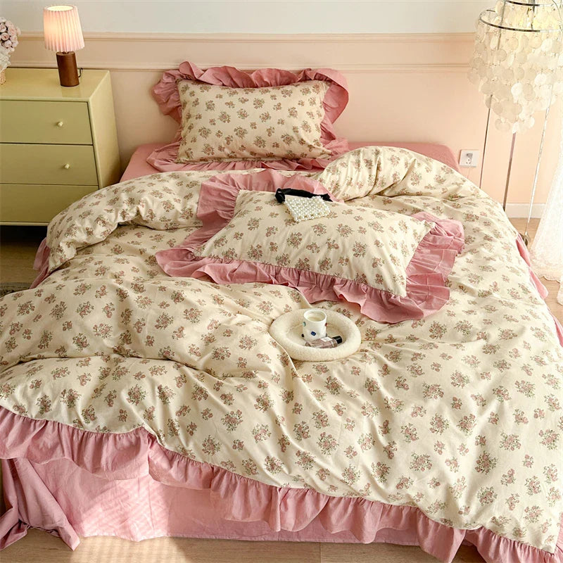 Afralia™ French Floral Cotton Bedding Set with Big Lace Ruffles, Fresh Flowers