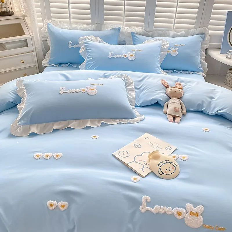 Afralia™ Cartoon Princess Embroidered Cotton Bedding Set for Adult Girls