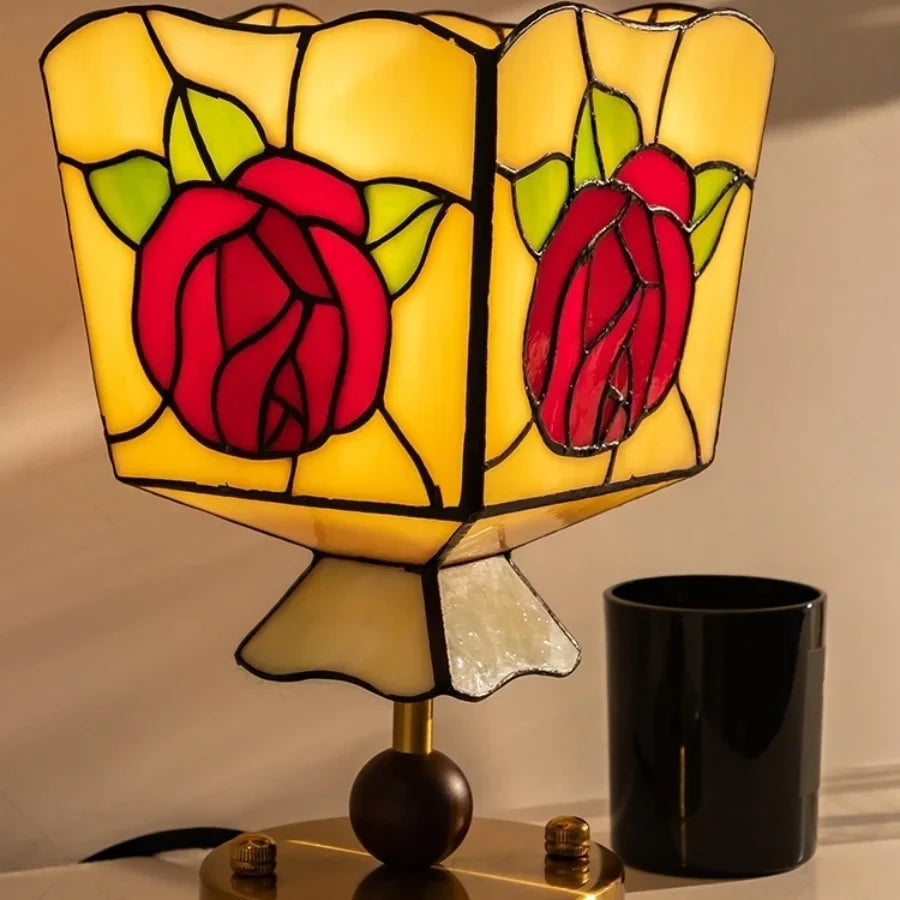 Afralia™ Tiffany Rose Flower LED Ceiling Light Fixture with Wood Ball and Glass Plafond Lamp