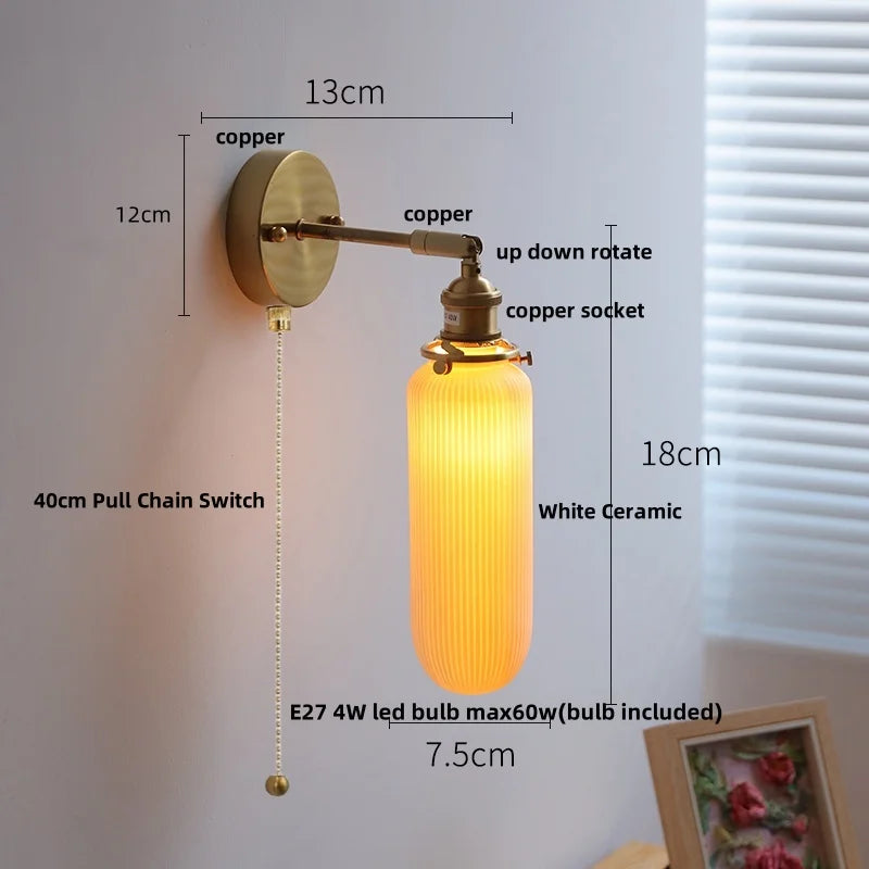 Afralia™ White Ceramic LED Wall Sconce with Pull Chain Switch & Rotate Copper Finish