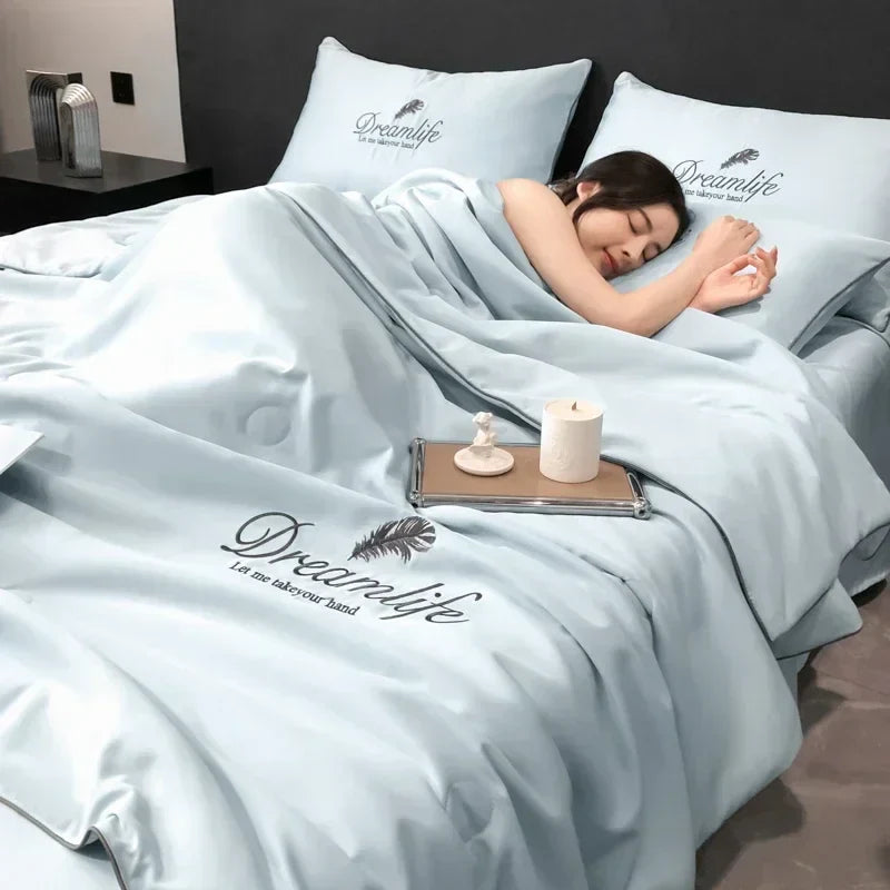 Afralia™ Luxury Embroidery Quilt Set, 4-Piece Summer Comforter Bedding for Air-Conditioned Comfort
