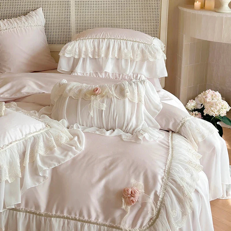 Afralia™ Luxe Pink Lace Ruffles Wedding Bedding Set 4Pcs