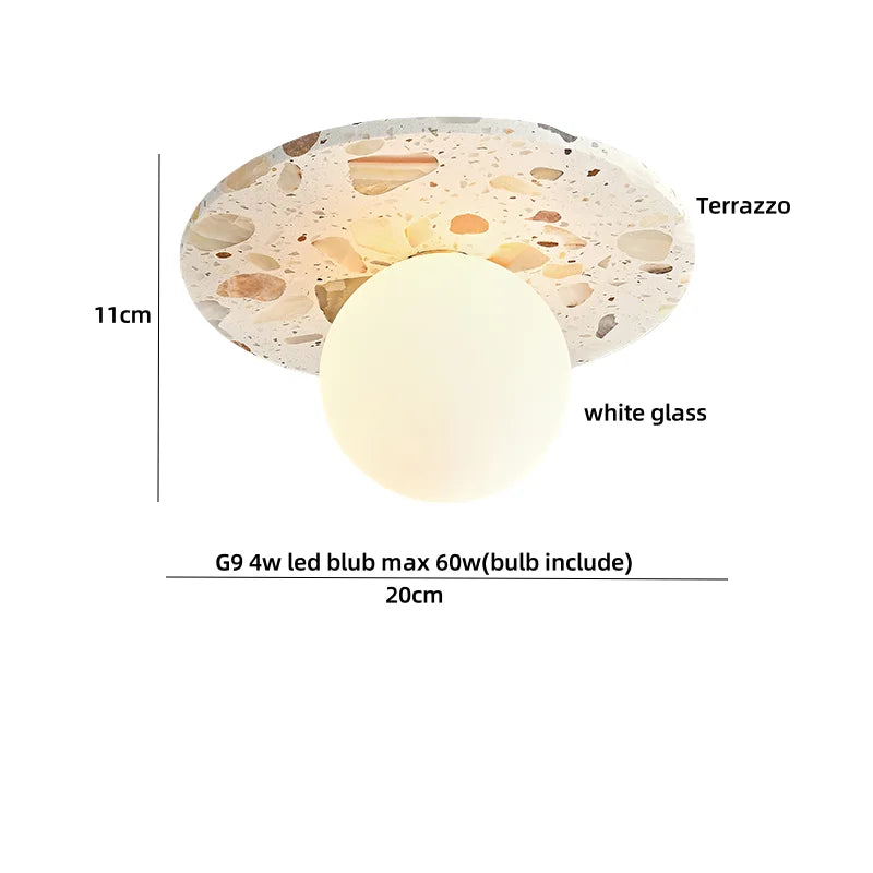 Afralia™ Terrazzo Stone LED Ceiling Light with White Glass Ball - Wabi Sabi Flush Mount