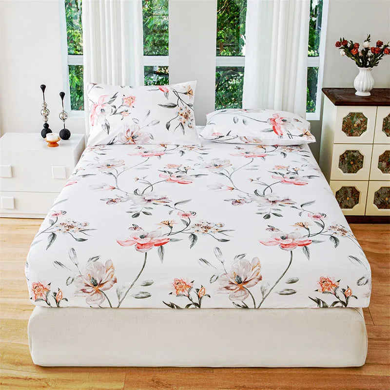 Afralia™ Pastoral Flower Print Fitted Sheet for Queen Double Mattress, Skin-Friendly Decor