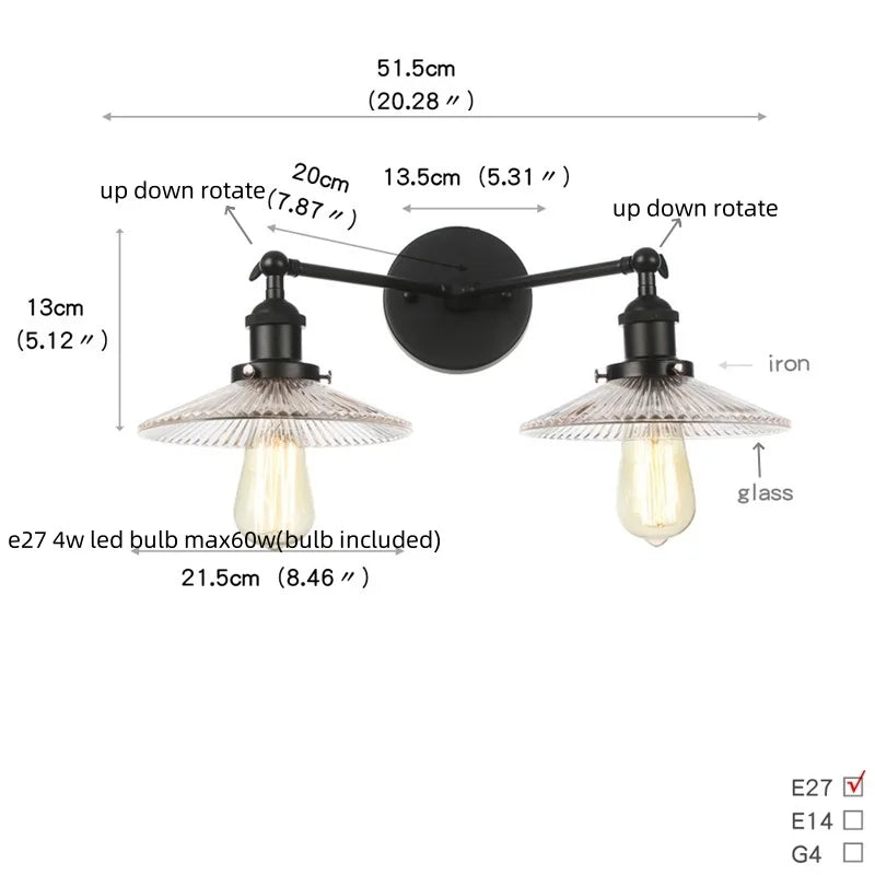 Afralia™ Industrial LED Wall Light Fixture with Pull Chain Switch, 2 Heads Bedside Lamp